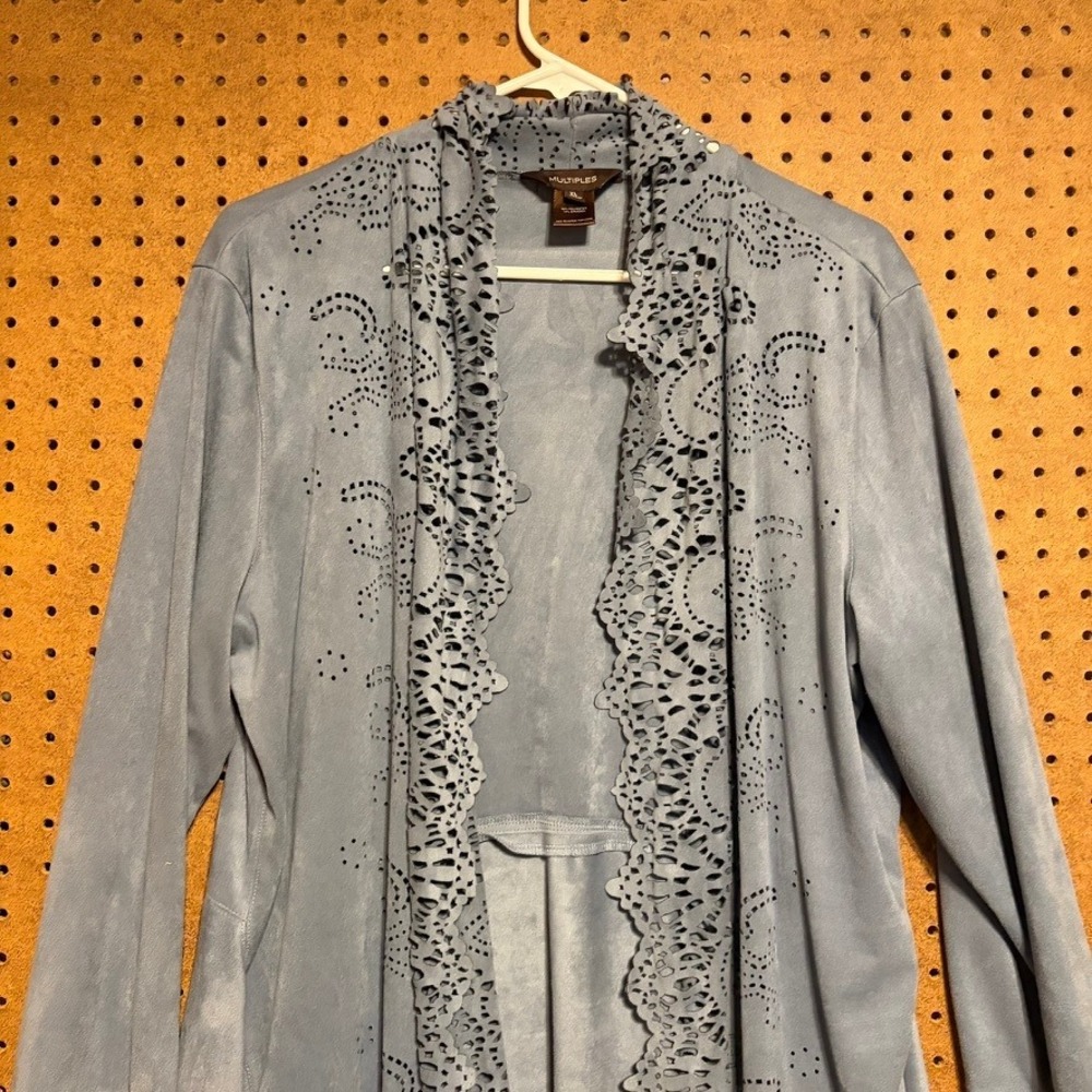 Multiples Cardigan XL Blue Faux Suede Laser Cut Out Boho Costal Open Front - Picture 2 of 6